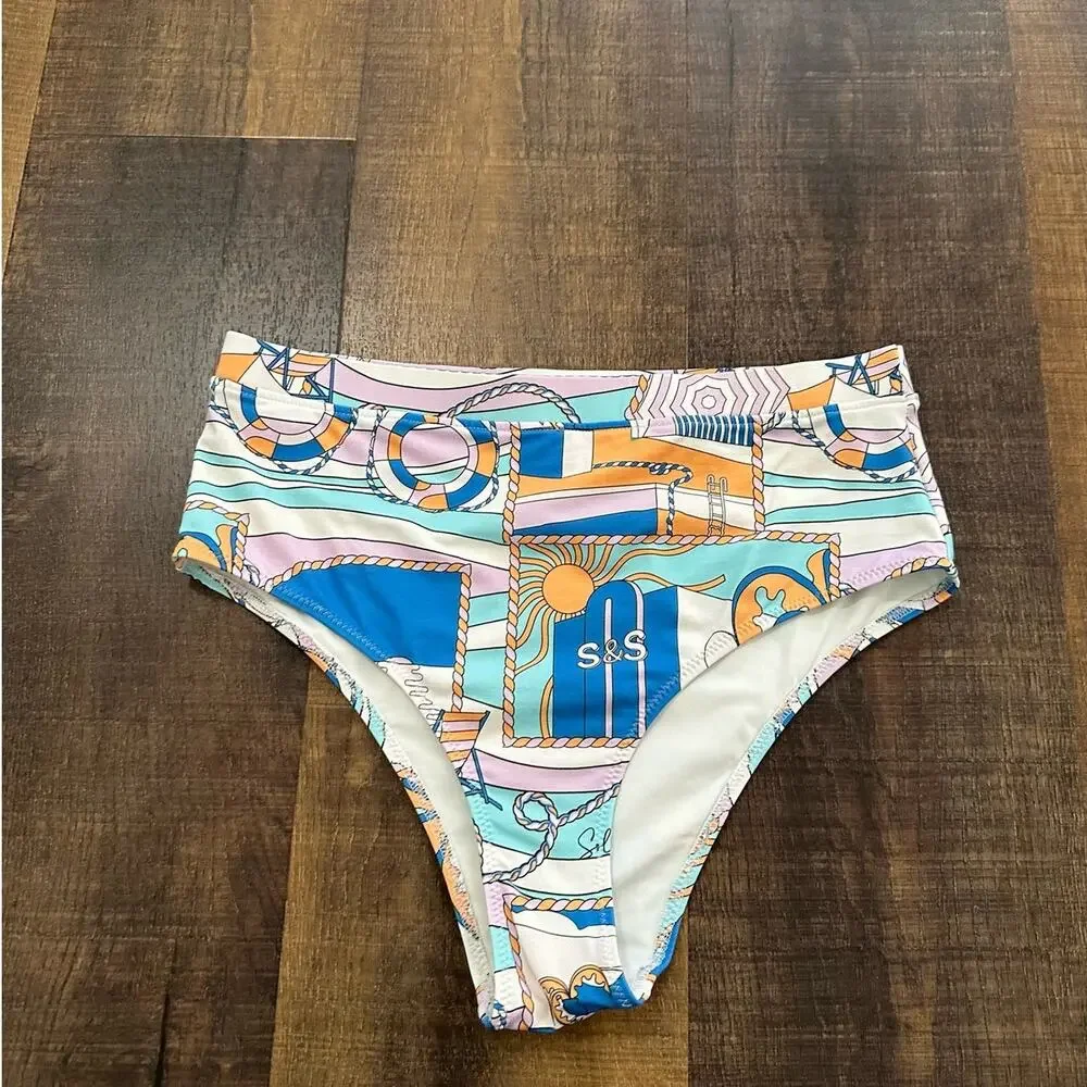 Solid & Striped Bikini Bottoms Medium Nautical Print High Waist Swim